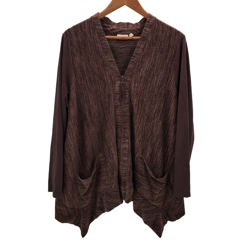 LOGO By Lori Goldstein Womens L Brown V-Neck Zip Sharkbite‎ Hem Cardigan